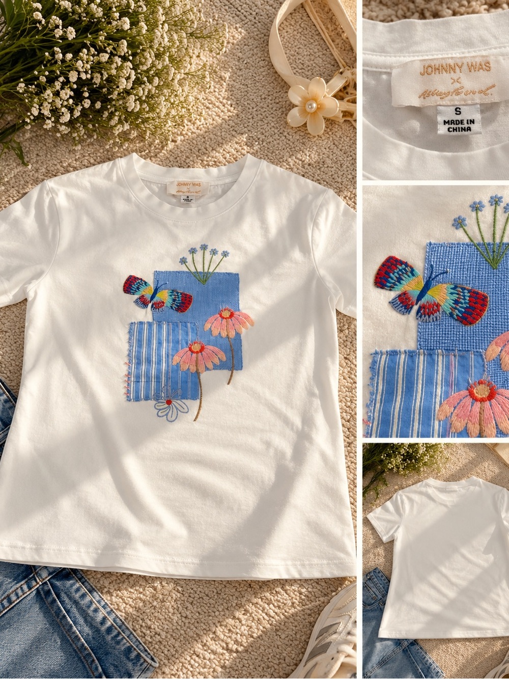Johnny Was White Tee with Blue Patchwork and Multicolor Butterfly